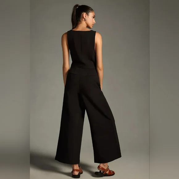 Anthropologie Maeve V-Neck Pinafore Wide-Leg Jumpsuit Black Size 10 - Picture 4 of 7